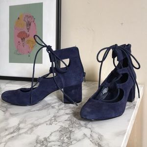 Blue Suede Laced Mid Heels